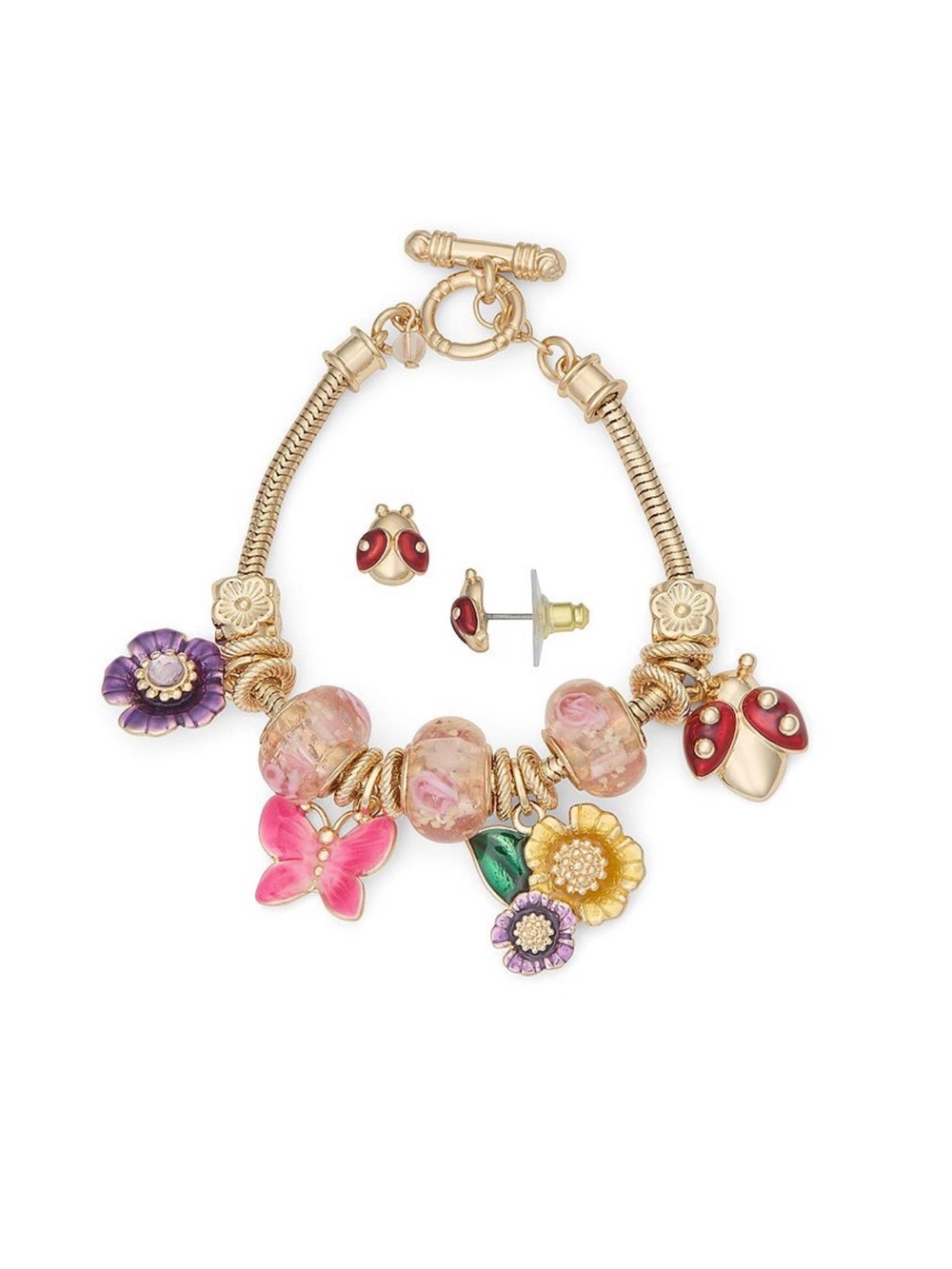 Napier Gold-Tone Floral Charm Bracelet and Earring Set - Picture 2 of 4